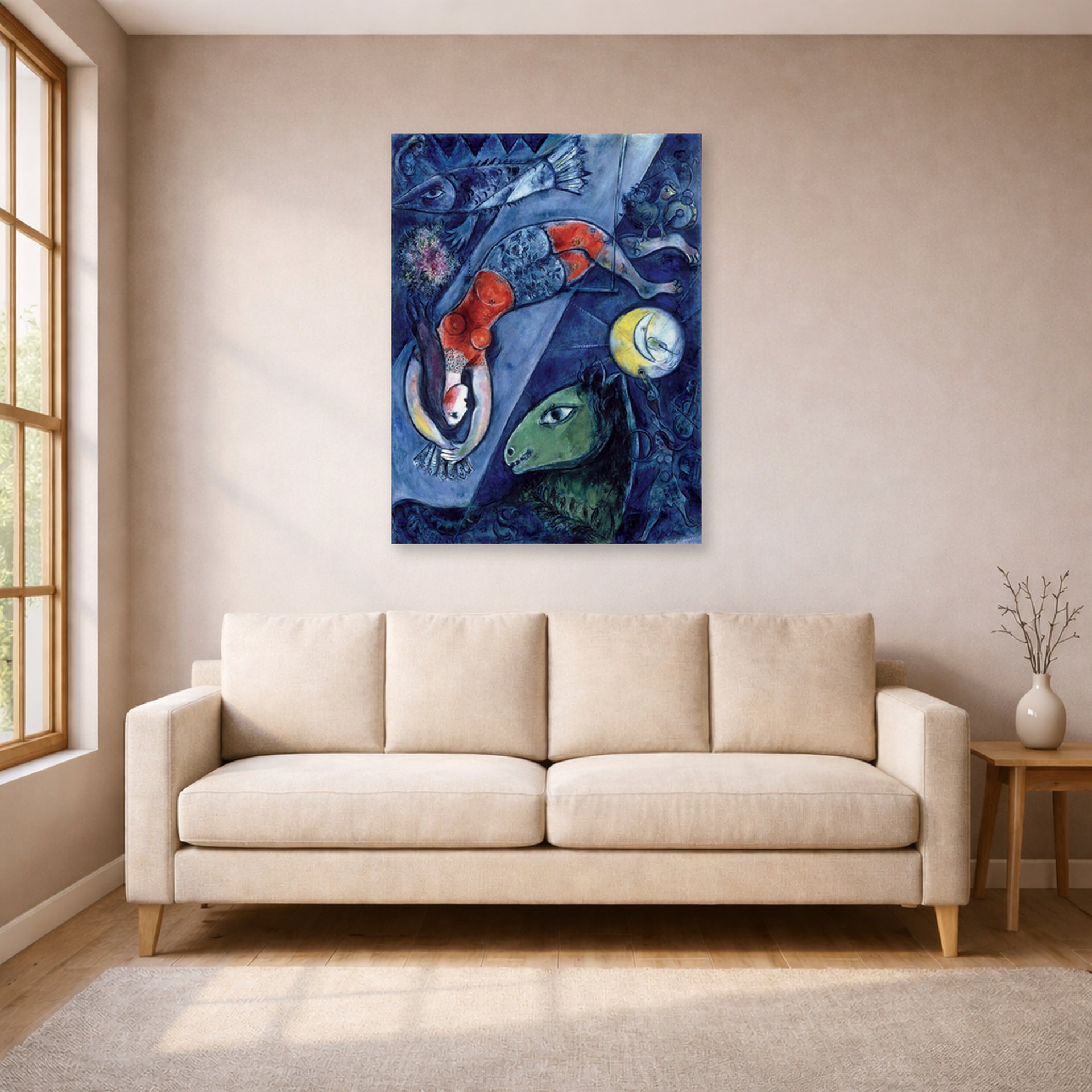Unframed poster print of Marc Chagall's Blue Circus displayed on a wall in a living room