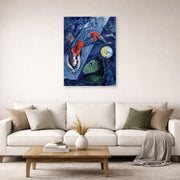 Unframed poster print of Marc Chagall's Blue Circus displayed on a wall in a living room