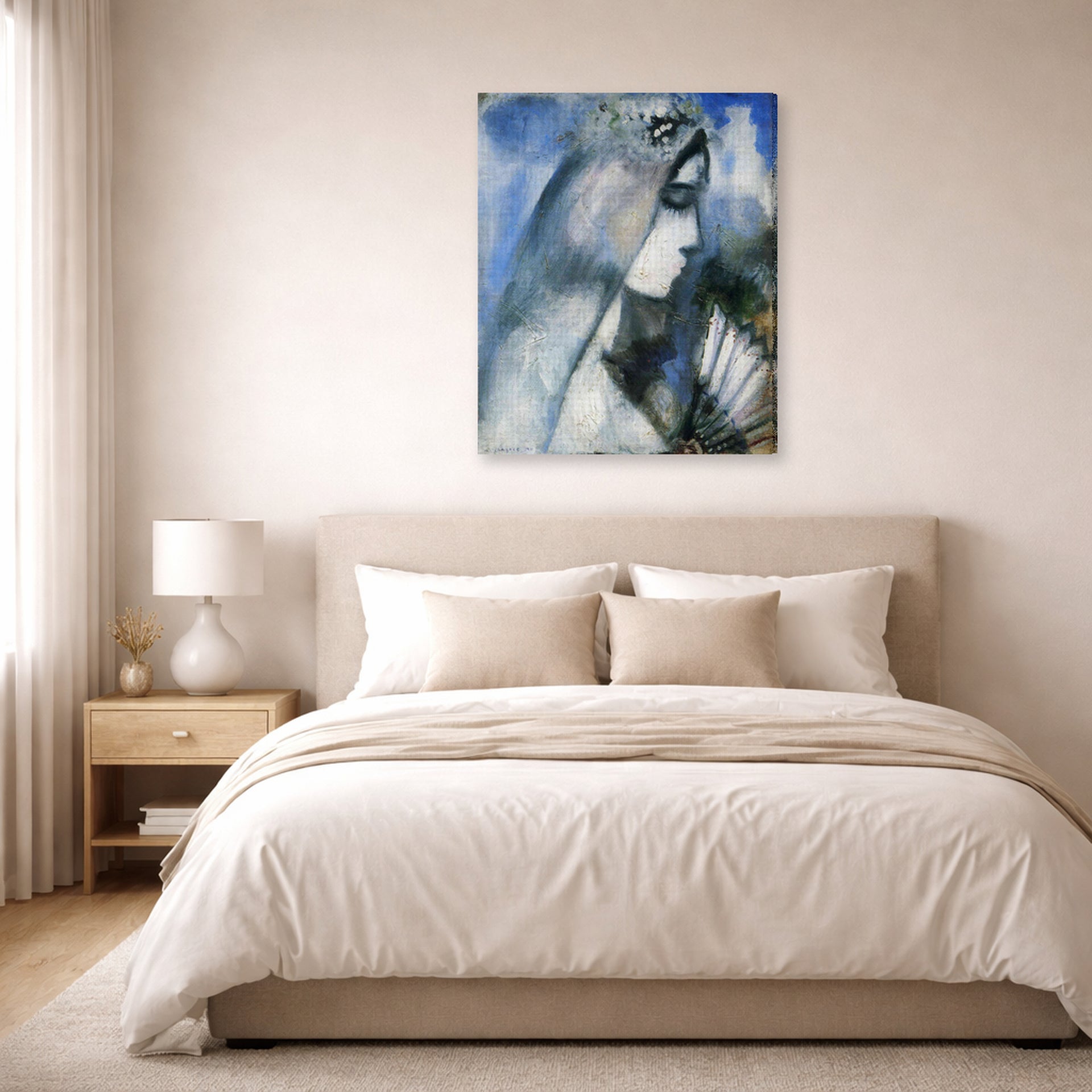 Gallery-wrapped canvas print of Marc Chagall's Bride with a Fan displayed on a wall in a bedroom