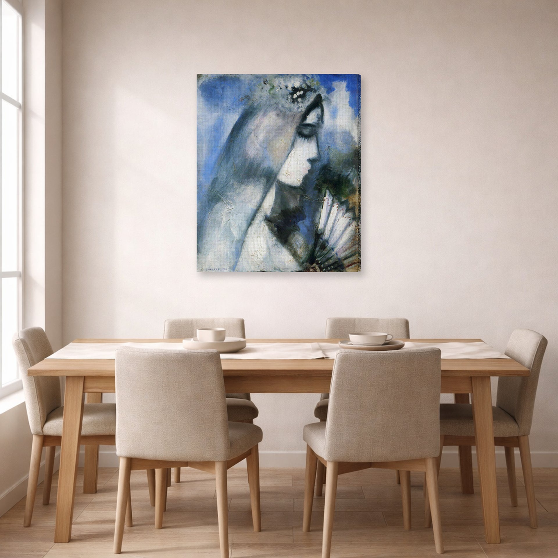 Gallery-wrapped canvas print of Marc Chagall's Bride with a Fan displayed on a wall in a dining room