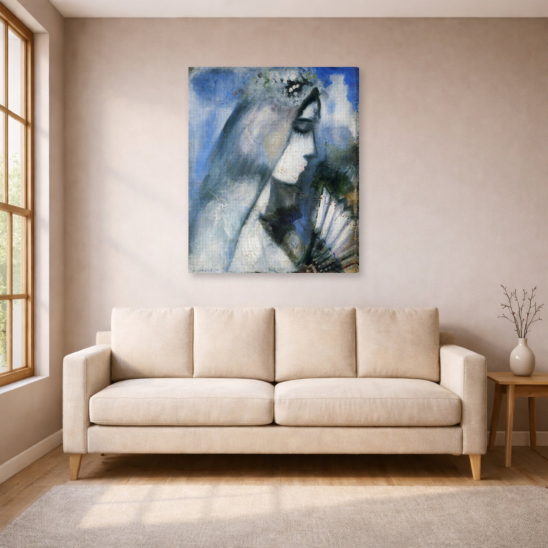Gallery-wrapped canvas print of Marc Chagall's Bride with a Fan displayed on a wall in a living room