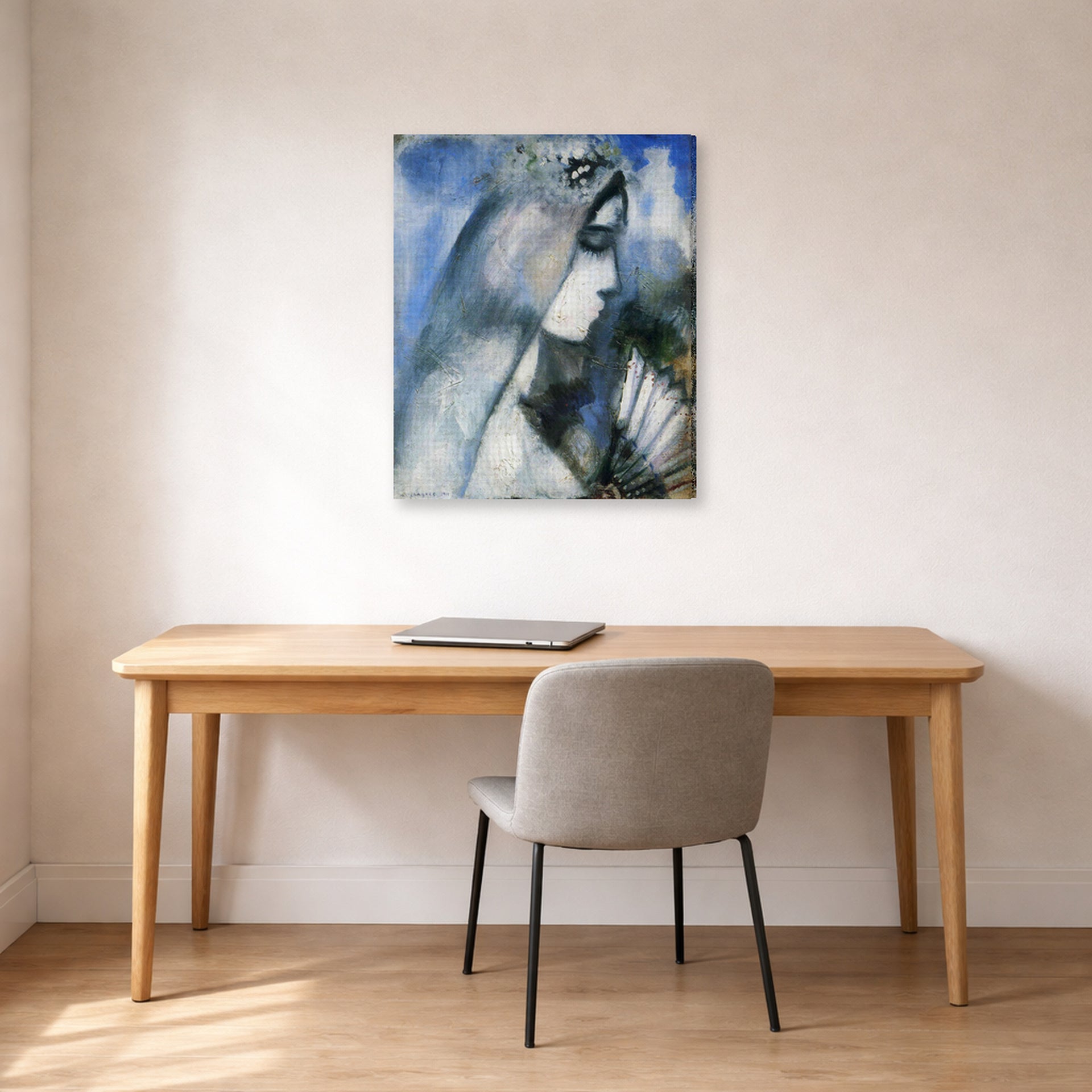 Gallery-wrapped canvas print of Marc Chagall's Bride with a Fan displayed on a wall in an office