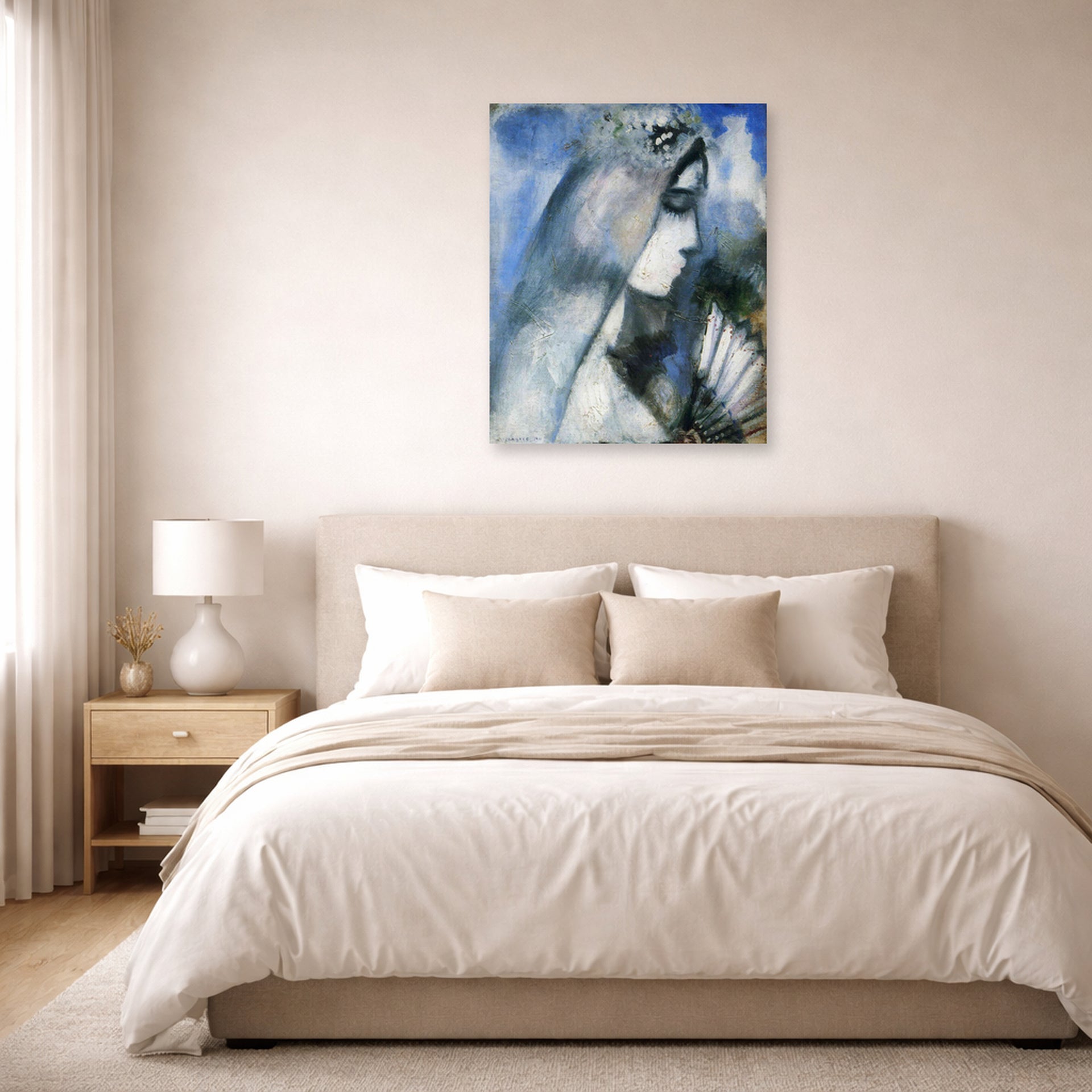 Unframed poster print of Marc Chagall's Bride with a Fan displayed on a wall in a bedroom