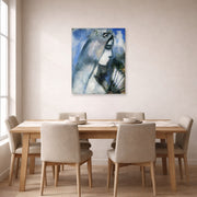 Unframed poster print of Marc Chagall's Bride with a Fan displayed on a wall in a dining room