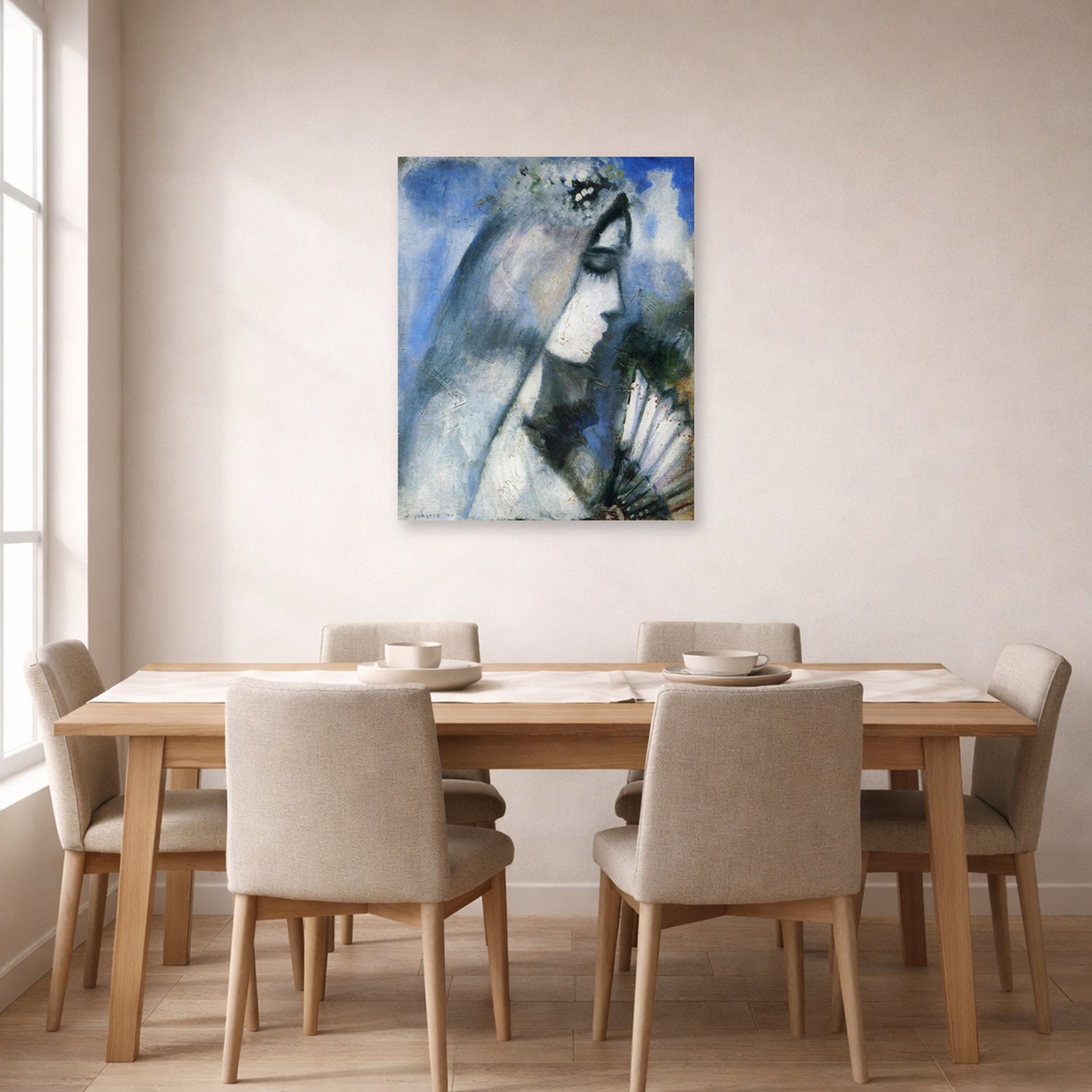 Unframed poster print of Marc Chagall's Bride with a Fan displayed on a wall in a dining room