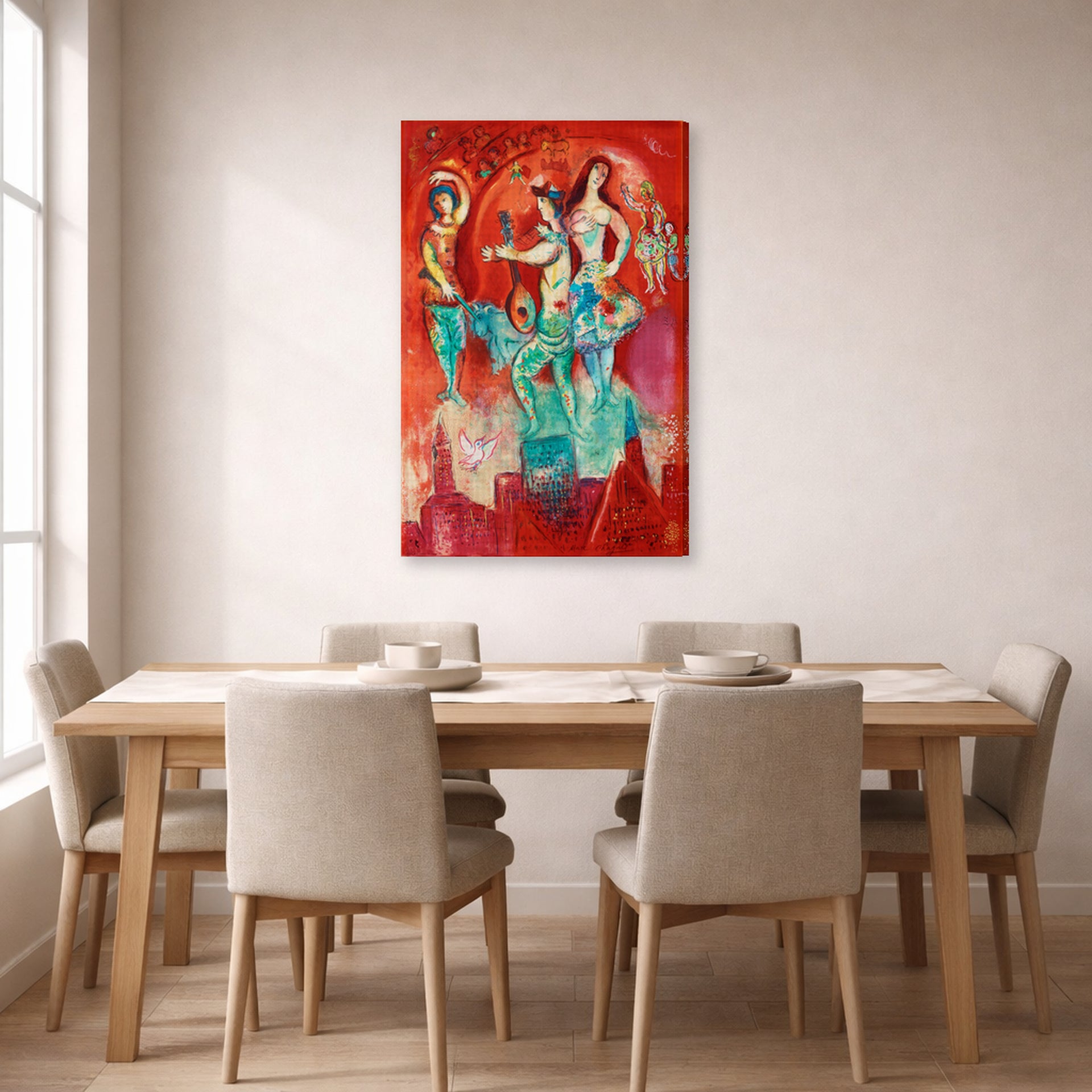 Gallery-wrapped canvas print of Marc Chagall's Carmen displayed on a wall in a dining room