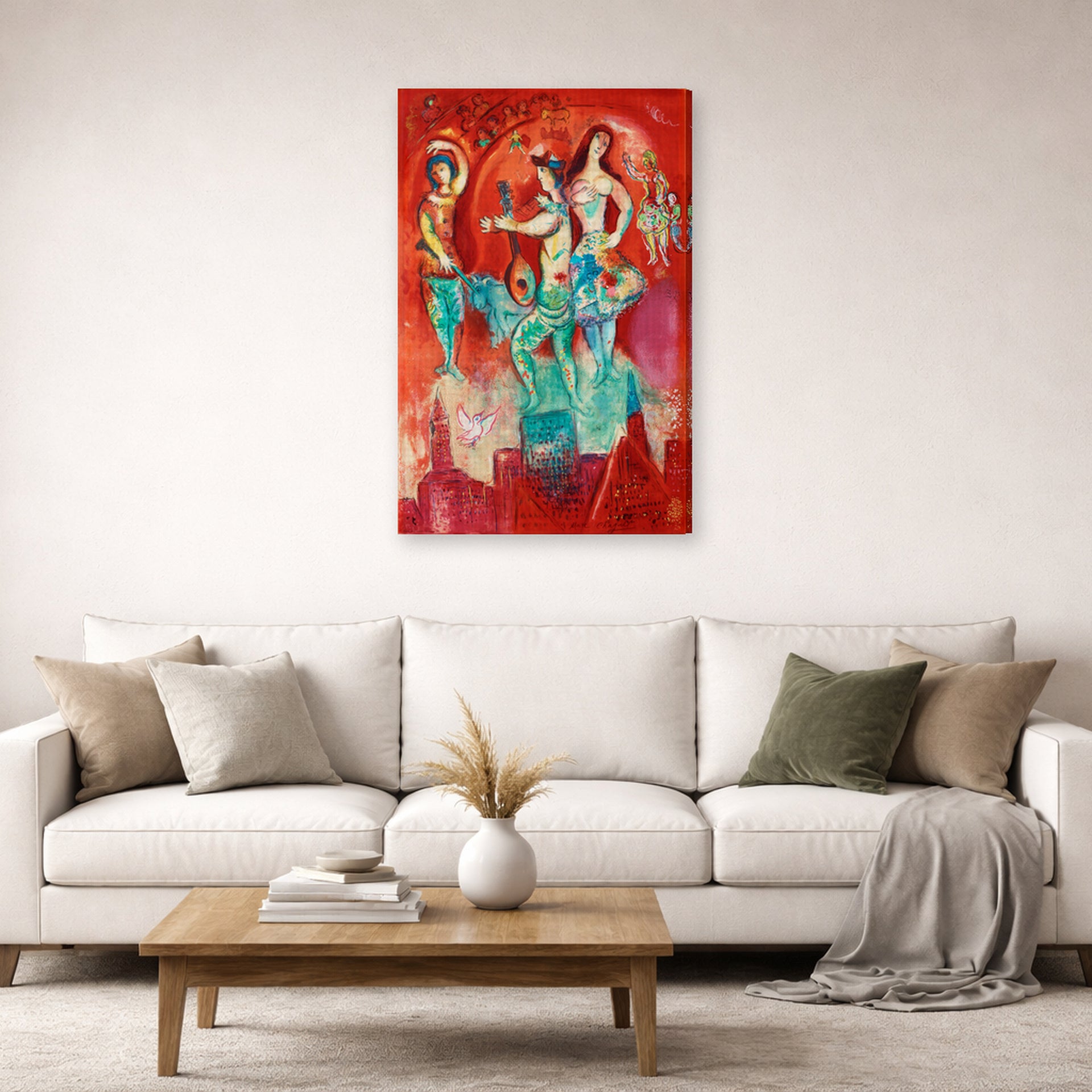 Gallery-wrapped canvas print of Marc Chagall's Carmen displayed on a wall in a living room