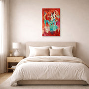 Unframed poster print of Marc Chagall's Carmen displayed on a wall in a bedroom