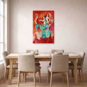 Unframed poster print of Marc Chagall's Carmen displayed on a wall in a dining room