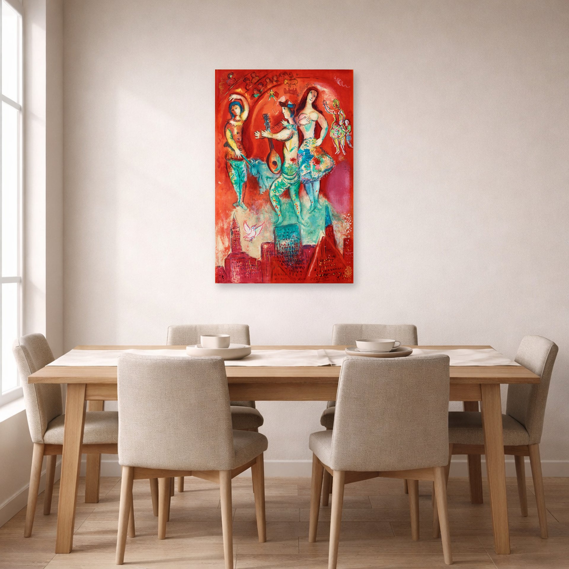 Unframed poster print of Marc Chagall's Carmen displayed on a wall in a dining room