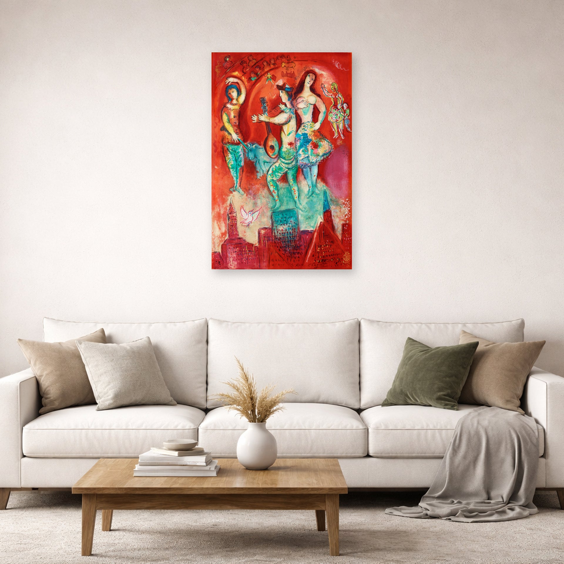 Unframed poster print of Marc Chagall's Carmen displayed on a wall in a living room