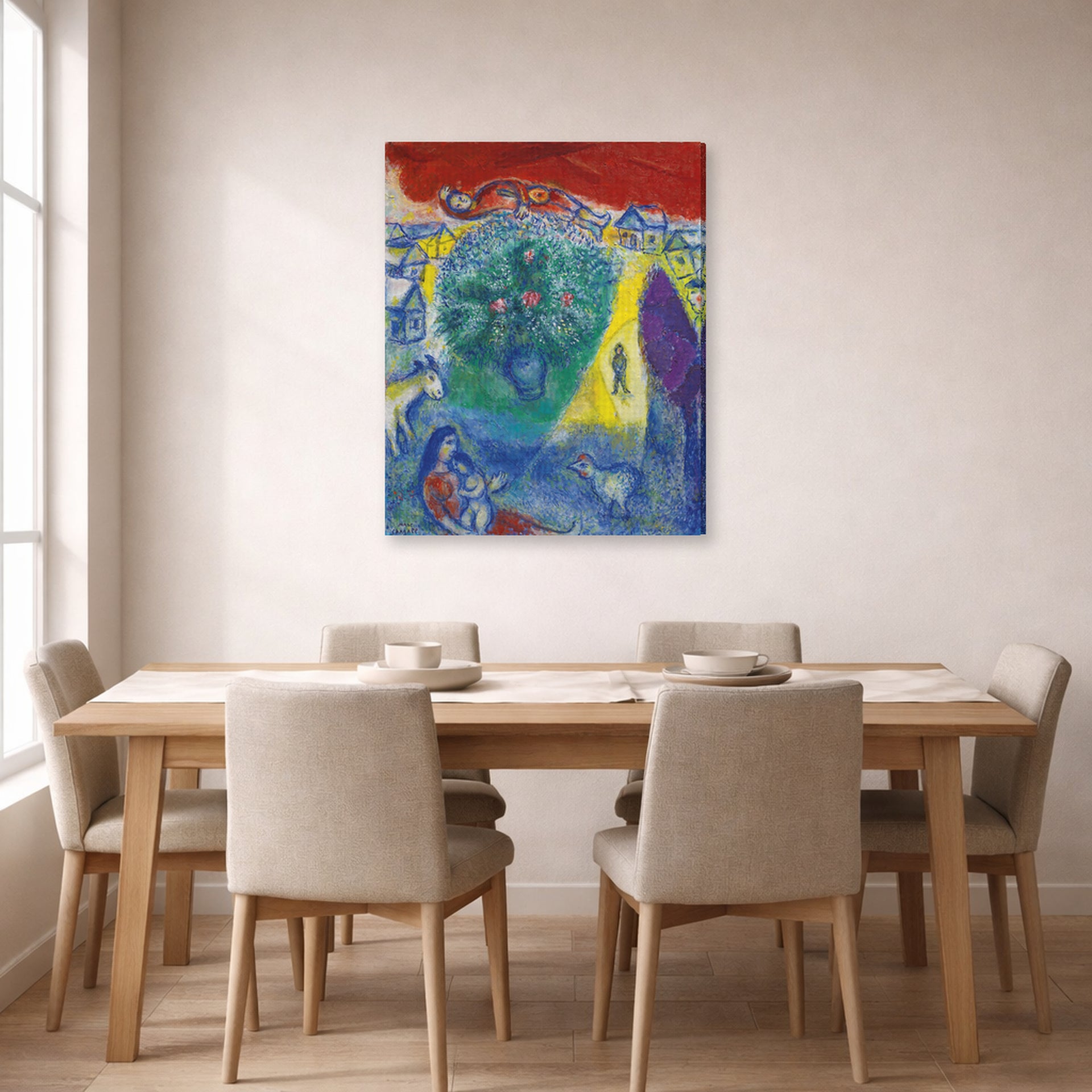 Gallery-wrapped canvas print of Marc Chagall's Composition displayed on a wall in a dining room