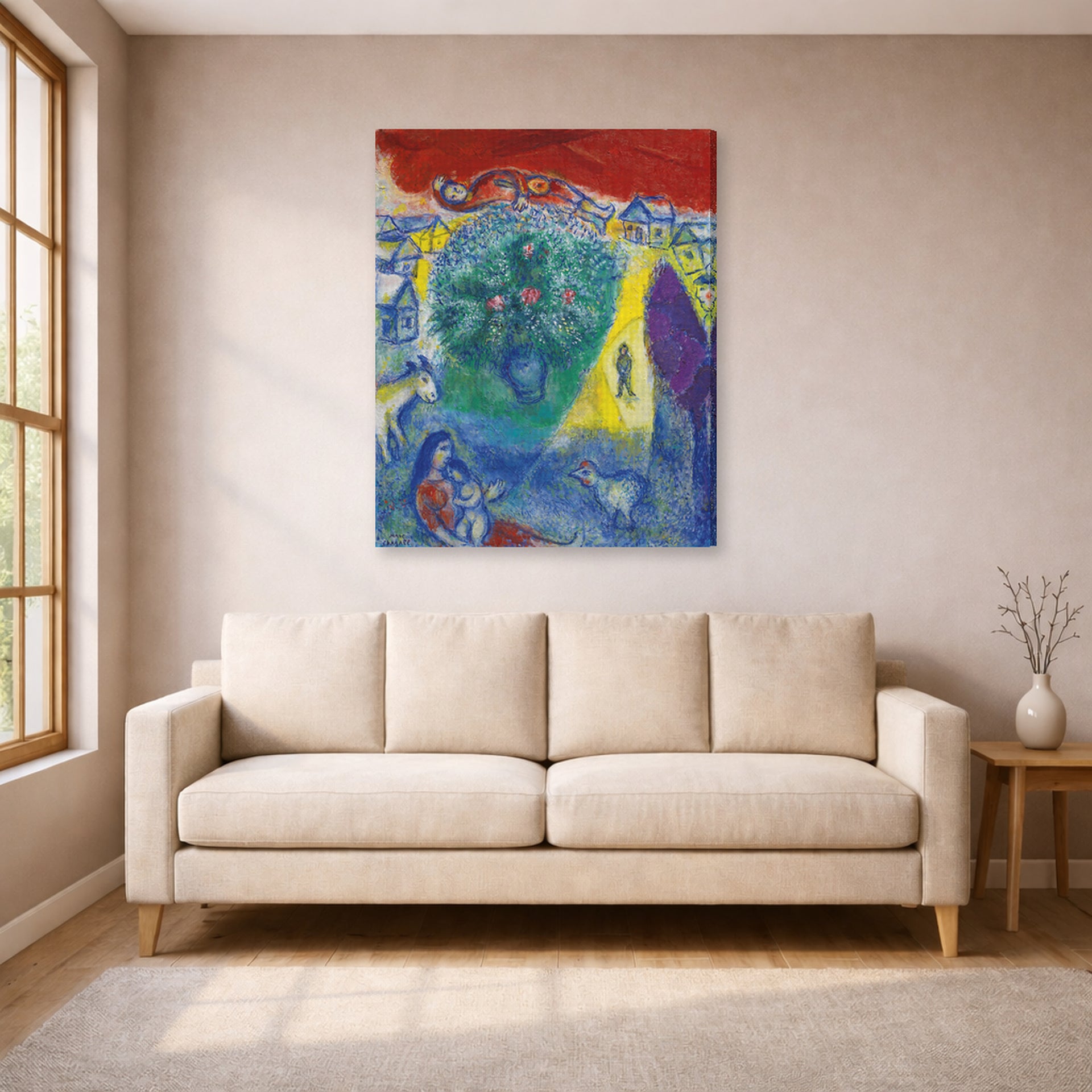 Gallery-wrapped canvas print of Marc Chagall's Composition displayed on a wall in a living room