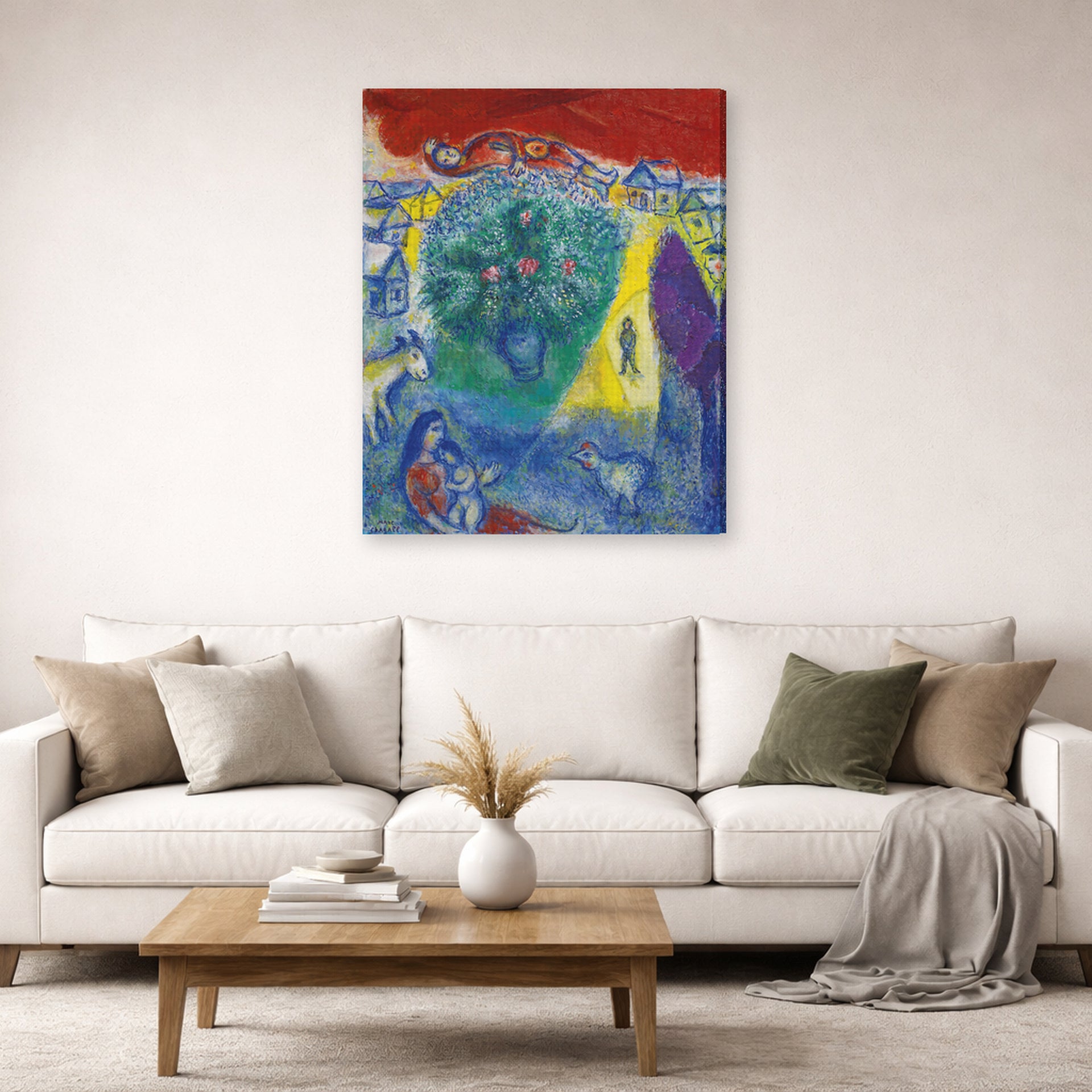 Gallery-wrapped canvas print of Marc Chagall's Composition displayed on a wall in a living room