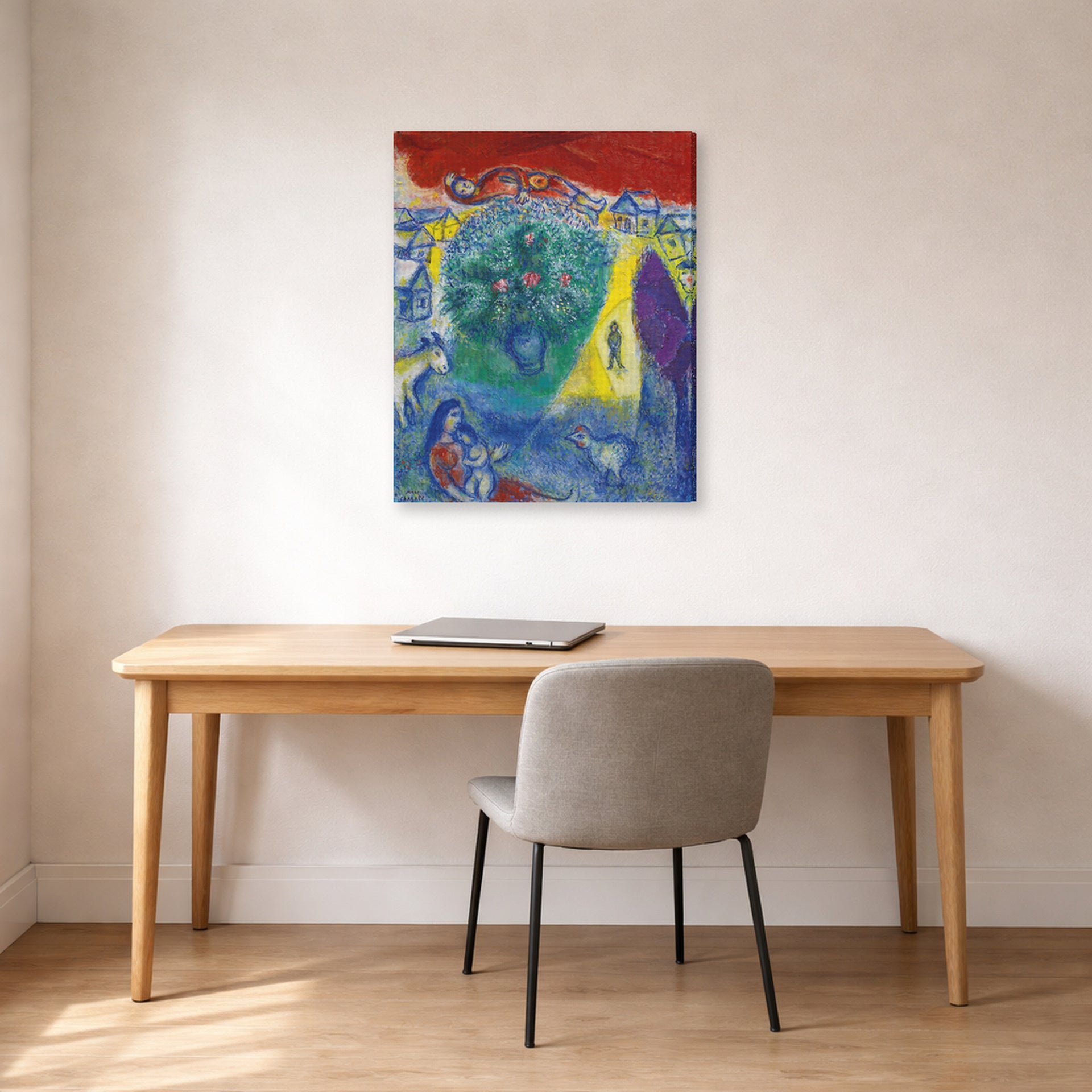 Gallery-wrapped canvas print of Marc Chagall's Composition displayed on a wall in an office