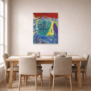 Unframed poster print of Marc Chagall's Composition displayed on a wall in a dining room