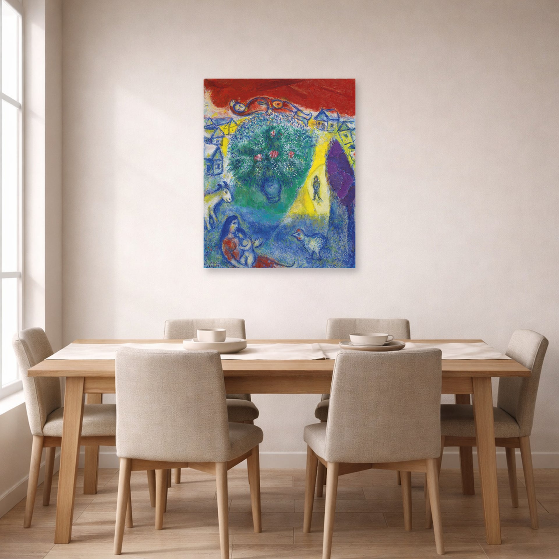 Unframed poster print of Marc Chagall's Composition displayed on a wall in a dining room