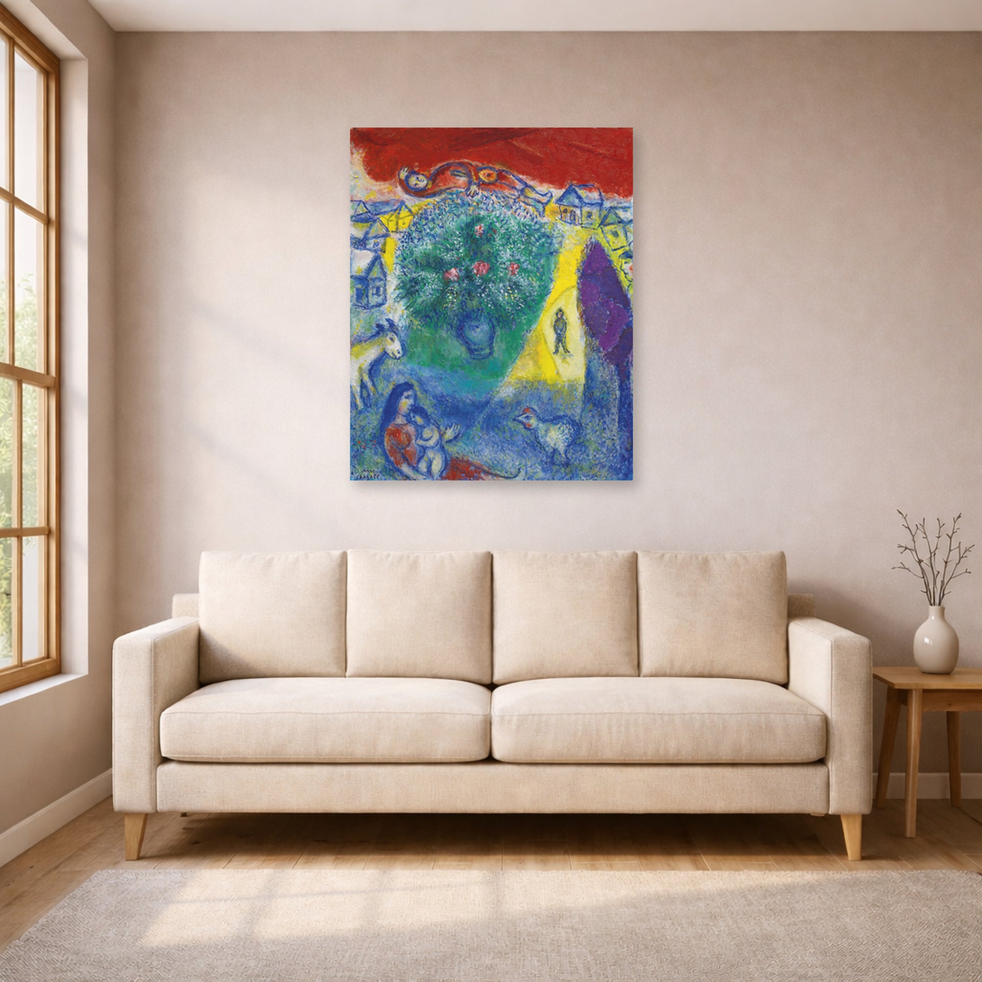 Unframed poster print of Marc Chagall's Composition displayed on a wall in a living room