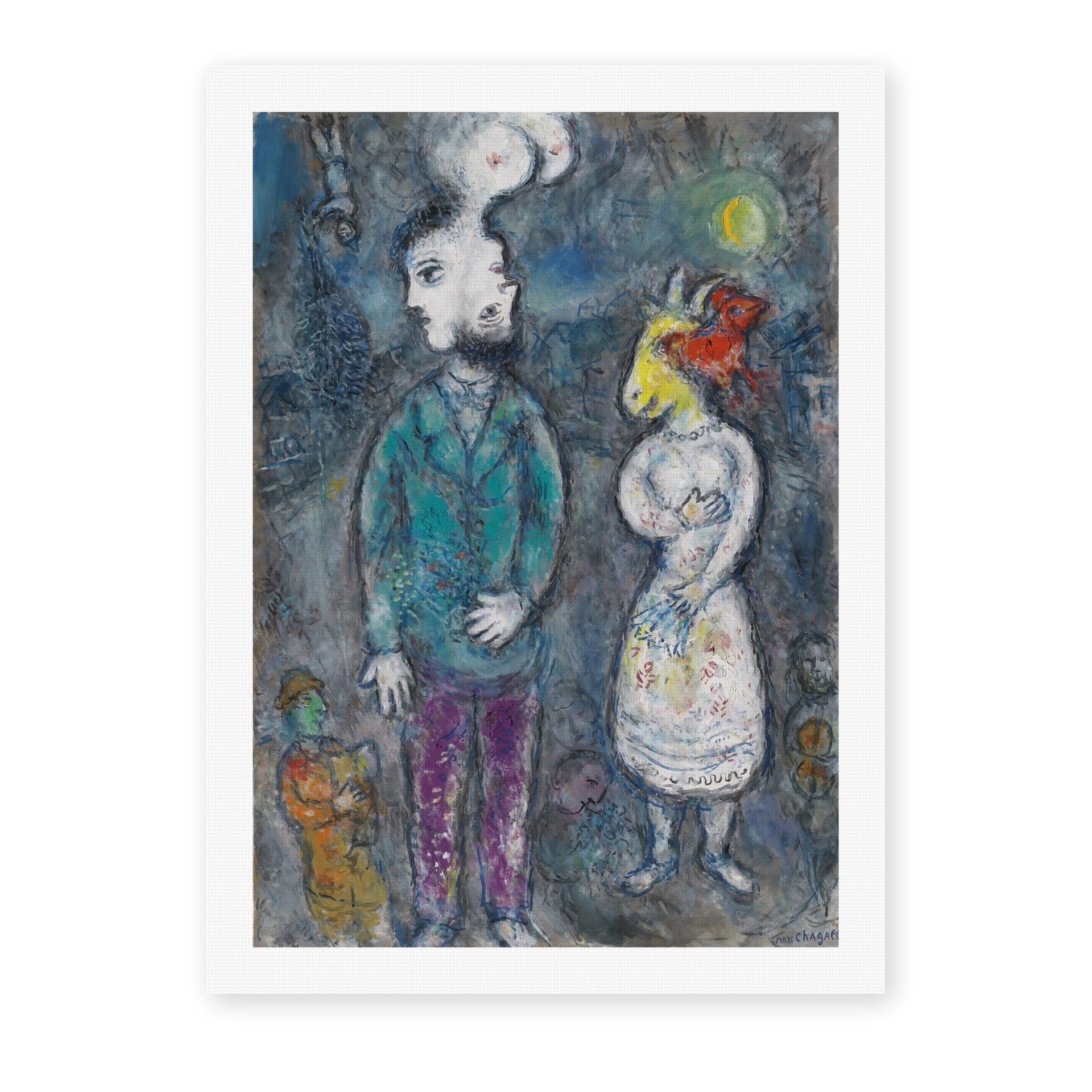 Marc Chagall's 'Couple Au Double Profil' painting reproduced as a rolled canvas print