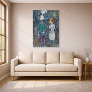 Gallery-wrapped canvas print of Marc Chagall's Couple Au Double Profil displayed on a wall in a living room