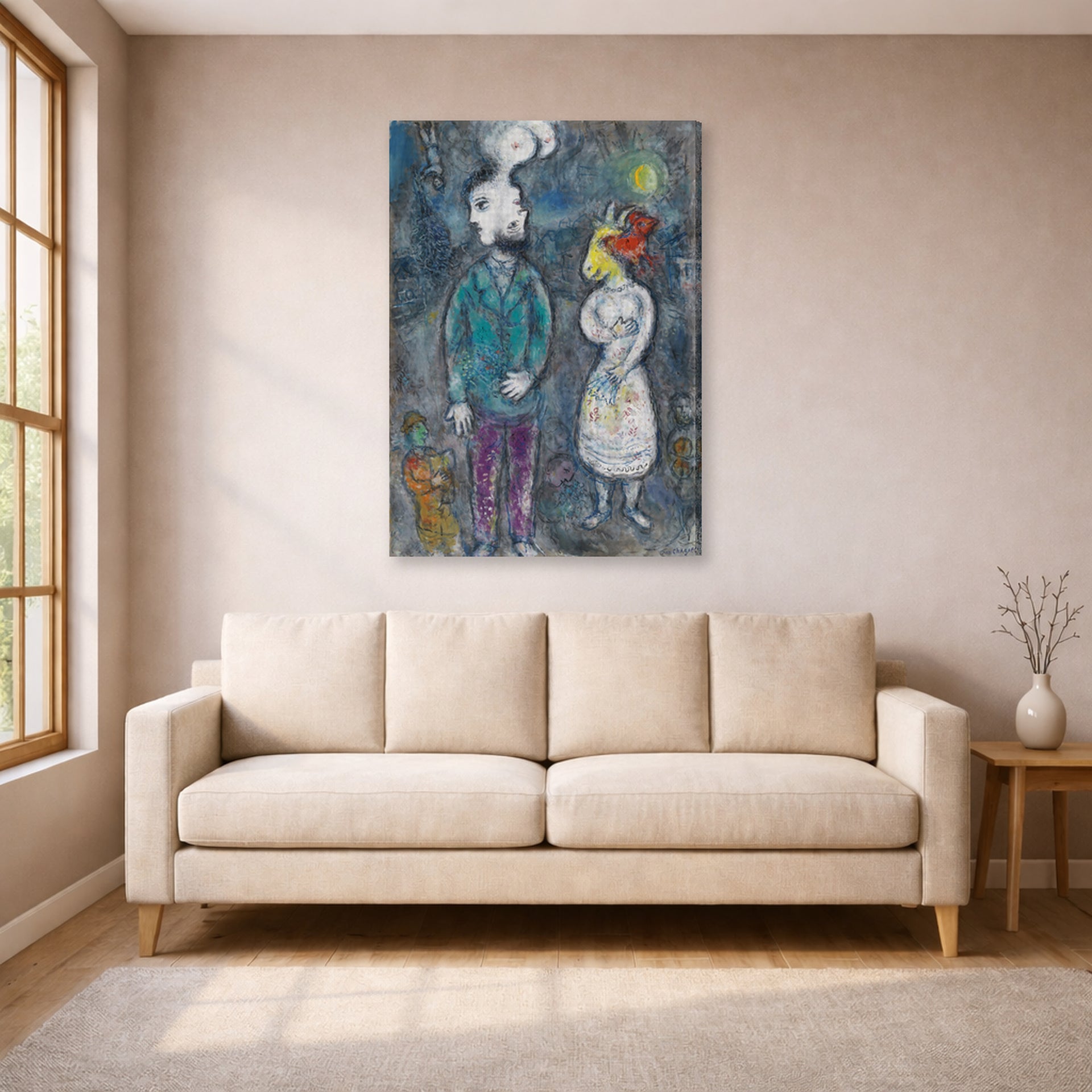 Gallery-wrapped canvas print of Marc Chagall's Couple Au Double Profil displayed on a wall in a living room
