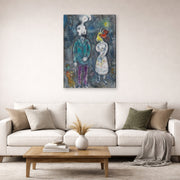 Gallery-wrapped canvas print of Marc Chagall's Couple Au Double Profil displayed on a wall in a living room
