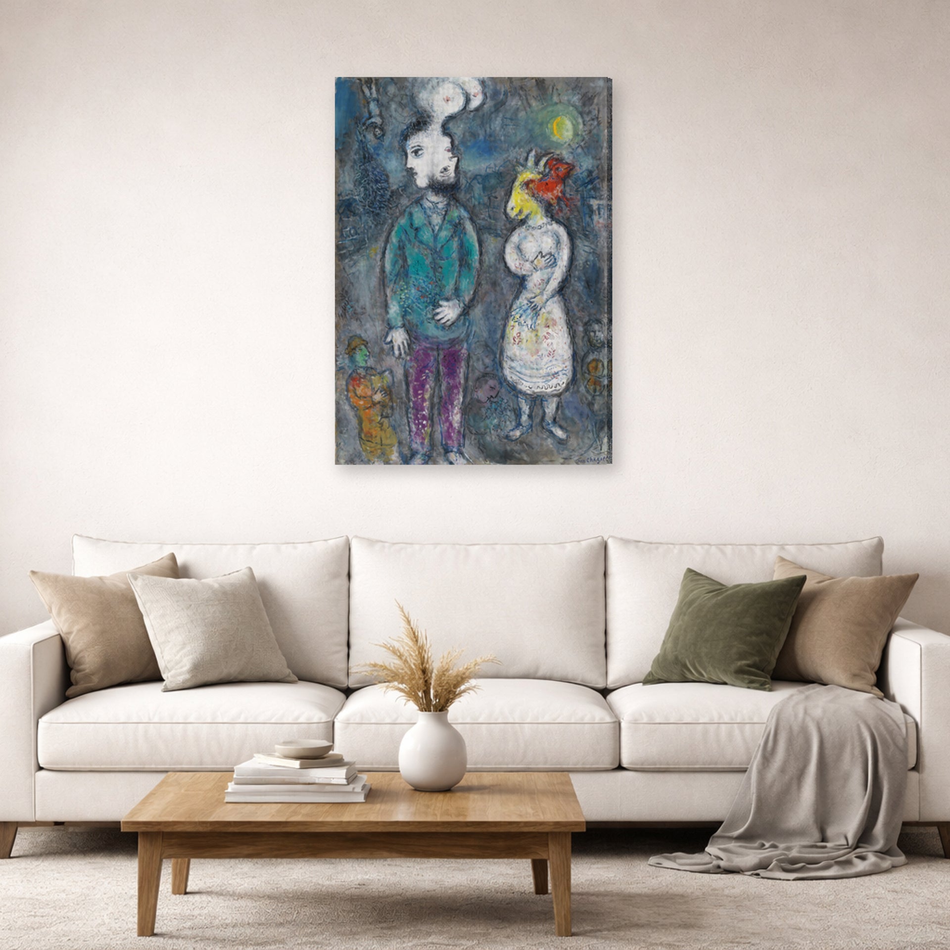 Gallery-wrapped canvas print of Marc Chagall's Couple Au Double Profil displayed on a wall in a living room