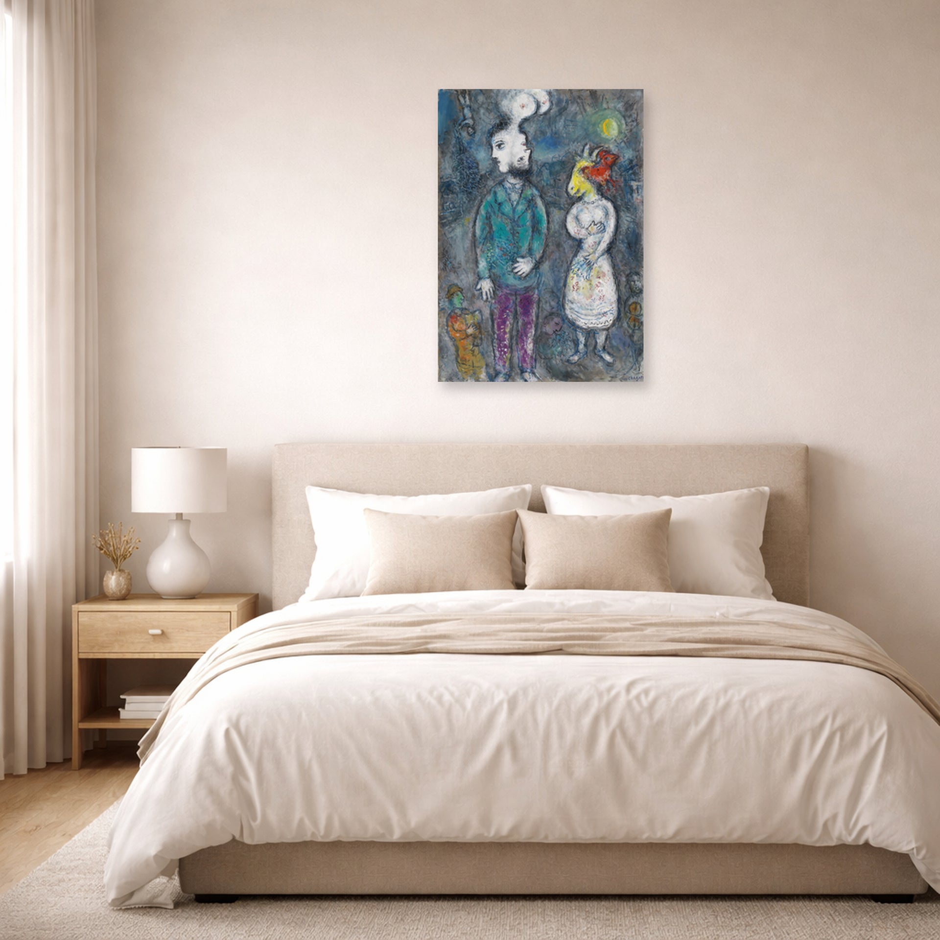 Unframed poster print of Marc Chagall's Couple Au Double Profil displayed on a wall in a bedroom
