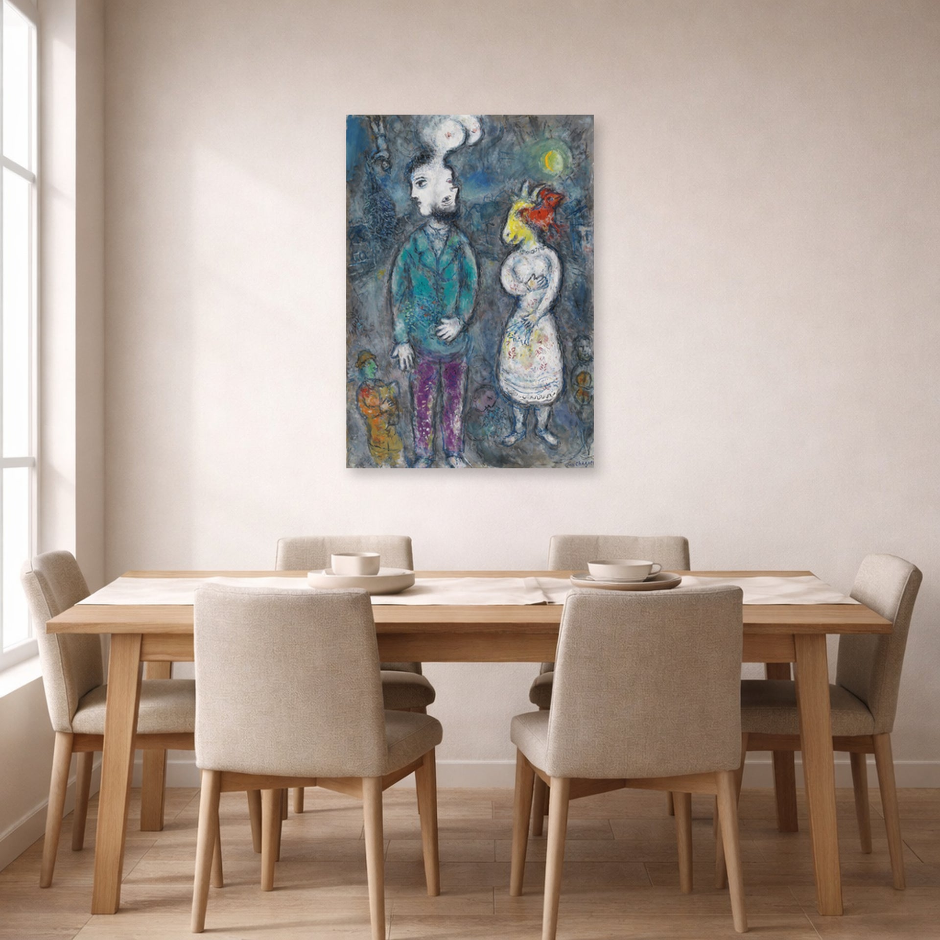 Unframed poster print of Marc Chagall's Couple Au Double Profil displayed on a wall in a dining room
