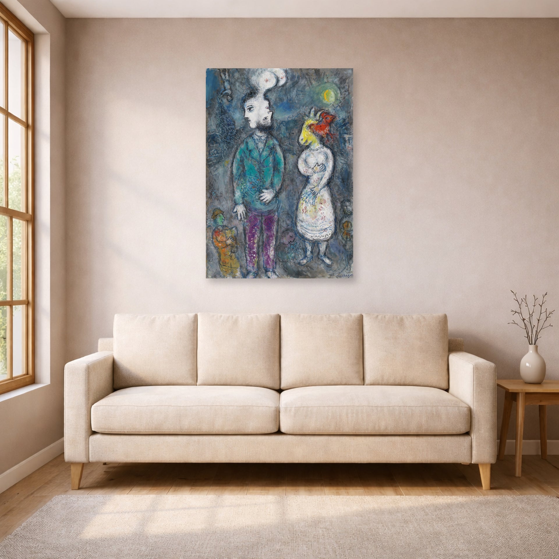 Unframed poster print of Marc Chagall's Couple Au Double Profil displayed on a wall in a living room