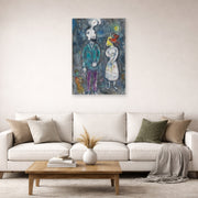 Unframed poster print of Marc Chagall's Couple Au Double Profil displayed on a wall in a living room