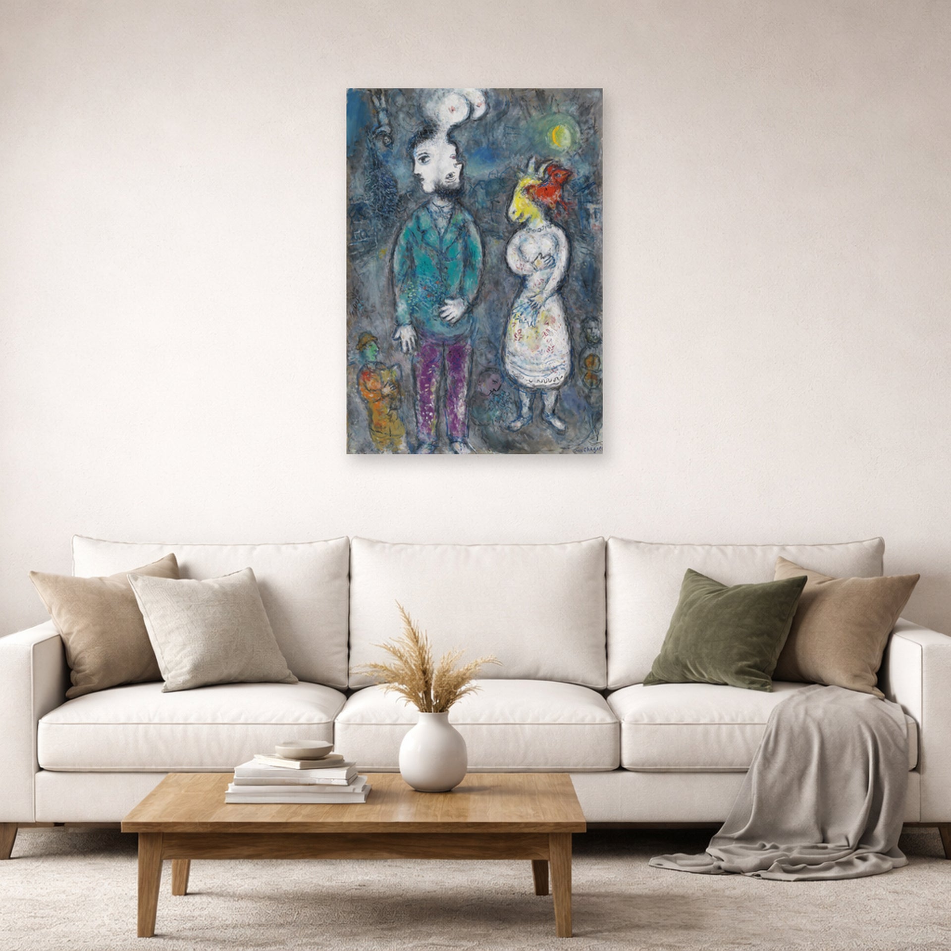 Unframed poster print of Marc Chagall's Couple Au Double Profil displayed on a wall in a living room