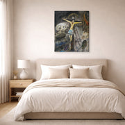 Gallery-wrapped canvas print of Marc Chagall's Crucifixion displayed on a wall in a bedroom
