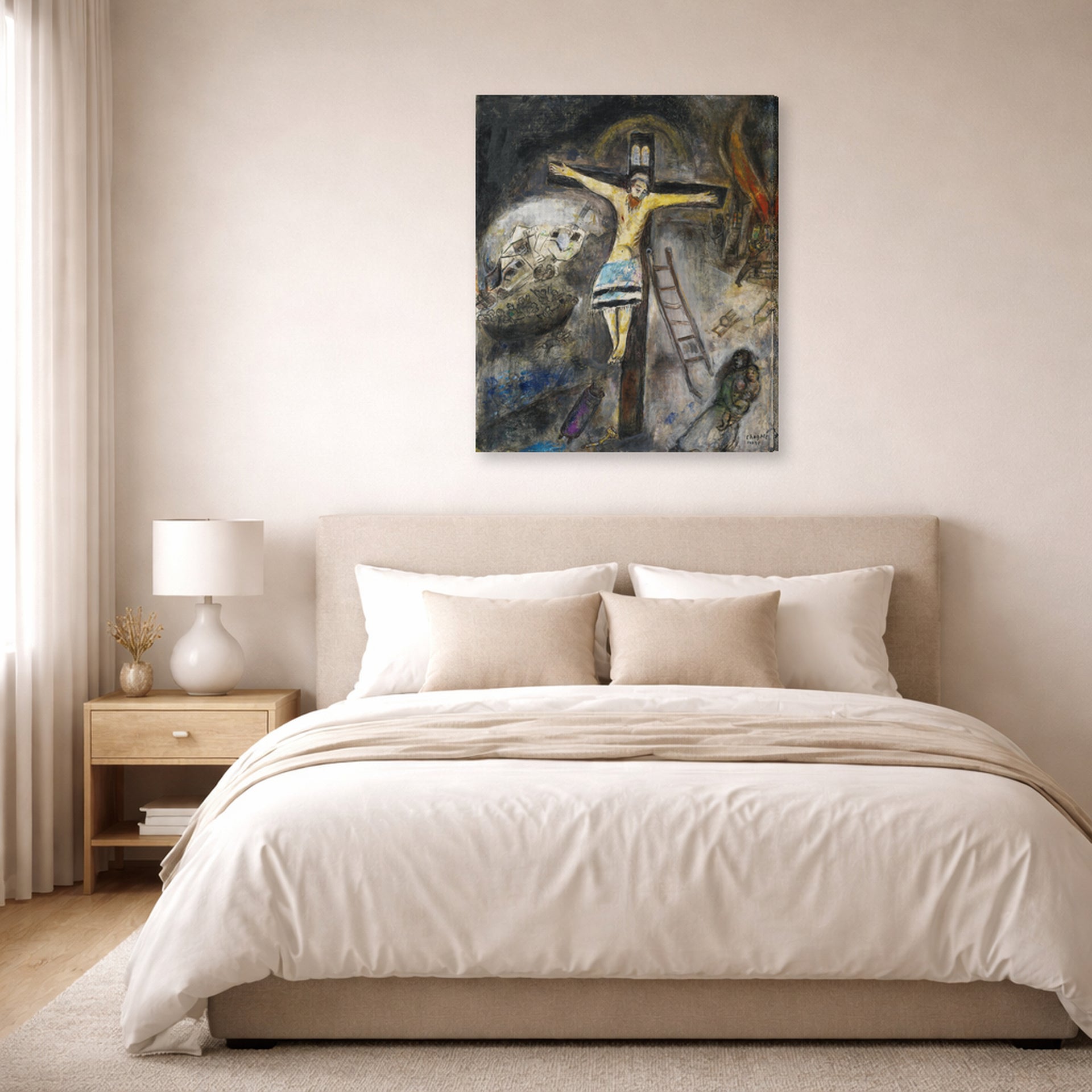 Gallery-wrapped canvas print of Marc Chagall's Crucifixion displayed on a wall in a bedroom