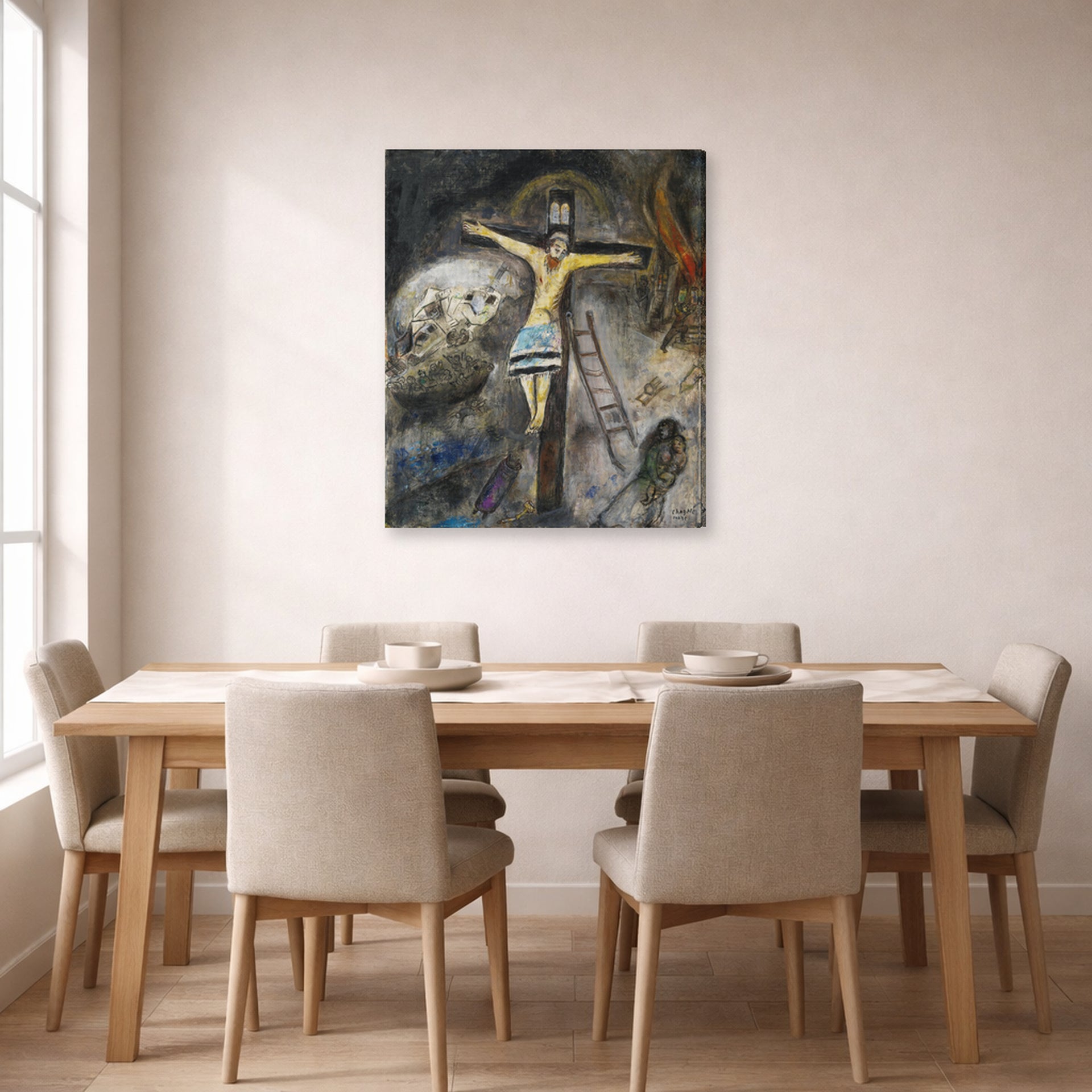 Gallery-wrapped canvas print of Marc Chagall's Crucifixion displayed on a wall in a dining room