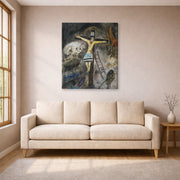 Gallery-wrapped canvas print of Marc Chagall's Crucifixion displayed on a wall in a living room
