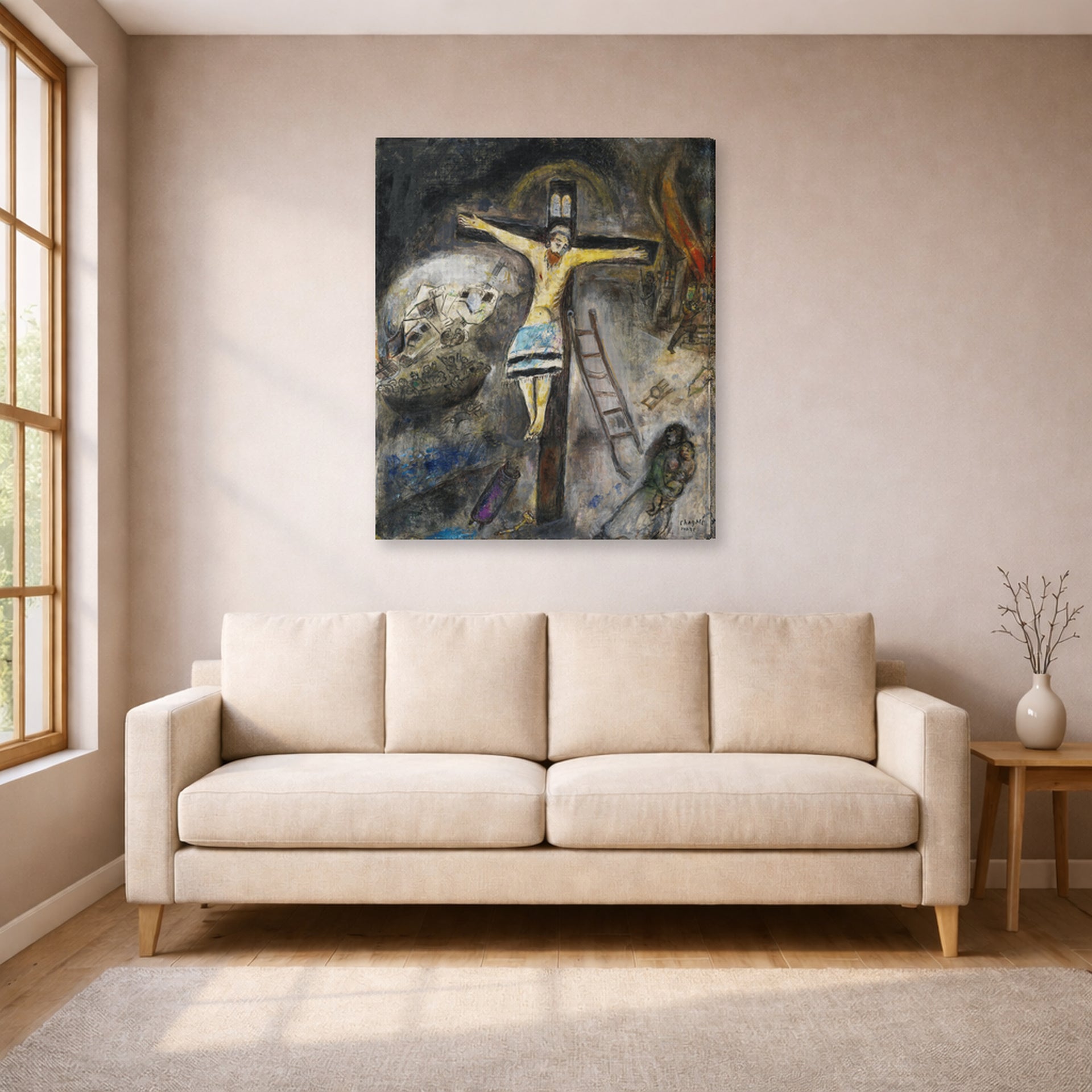 Gallery-wrapped canvas print of Marc Chagall's Crucifixion displayed on a wall in a living room