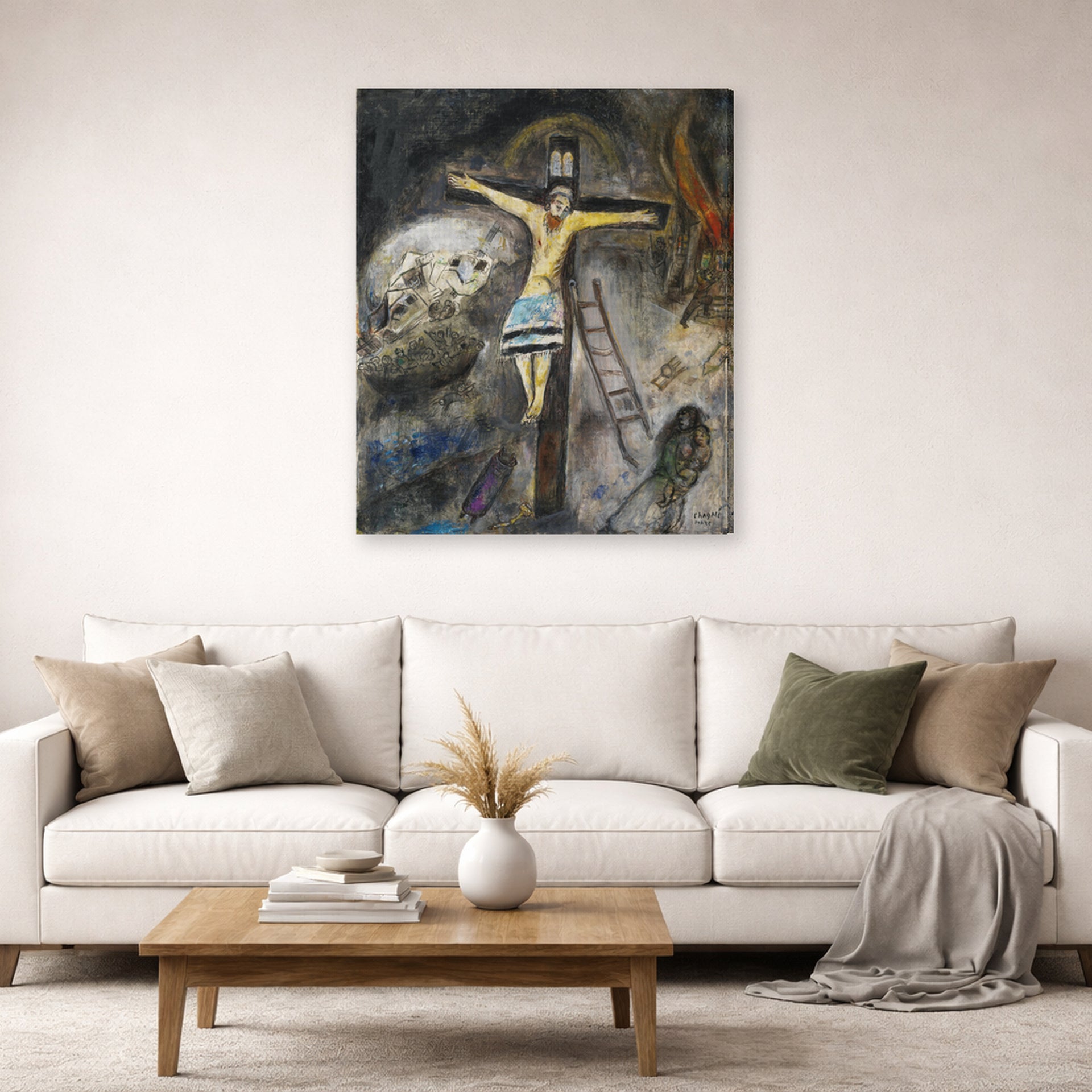 Gallery-wrapped canvas print of Marc Chagall's Crucifixion displayed on a wall in a living room