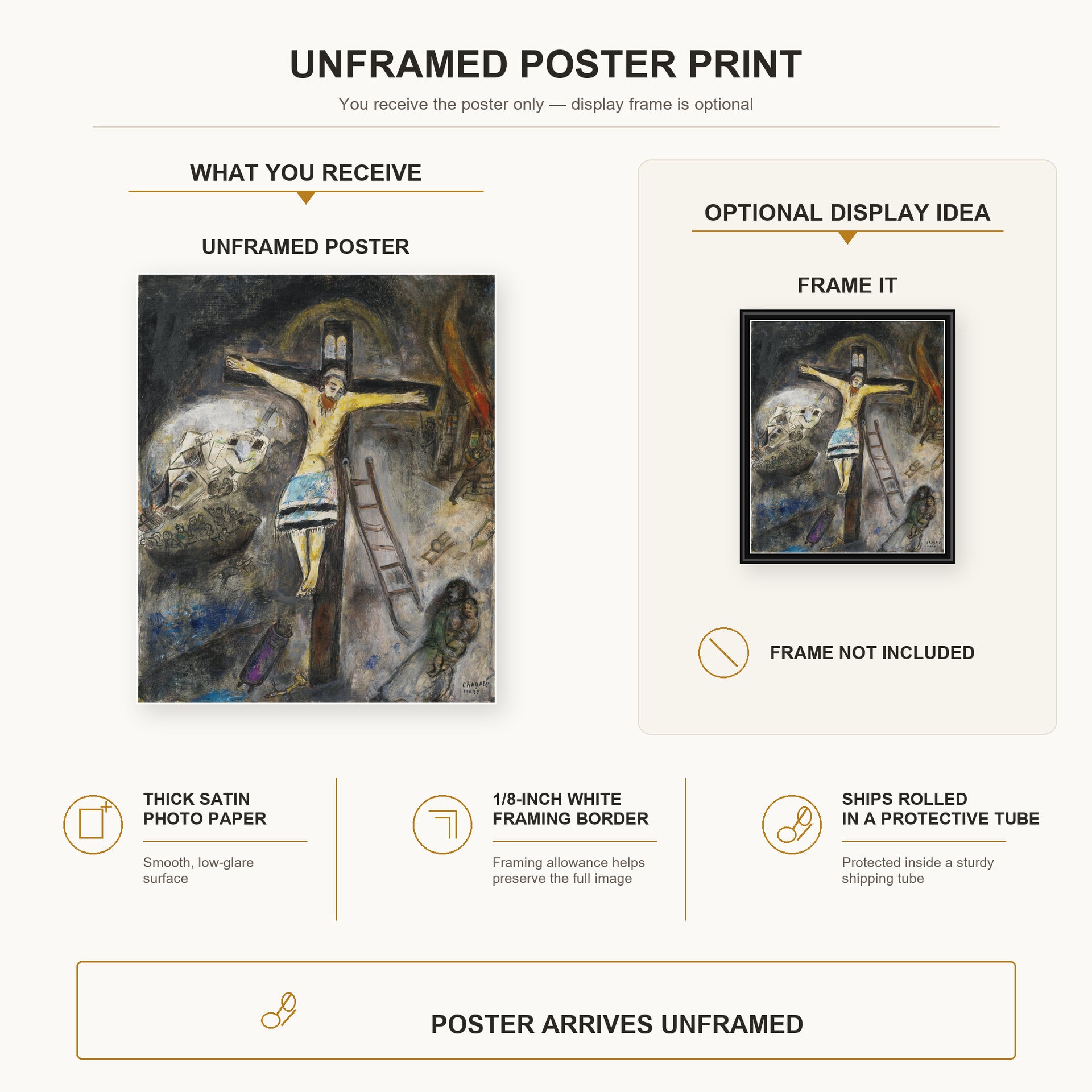Marc Chagall - Crucifixion poster print size comparison and framing display infographic