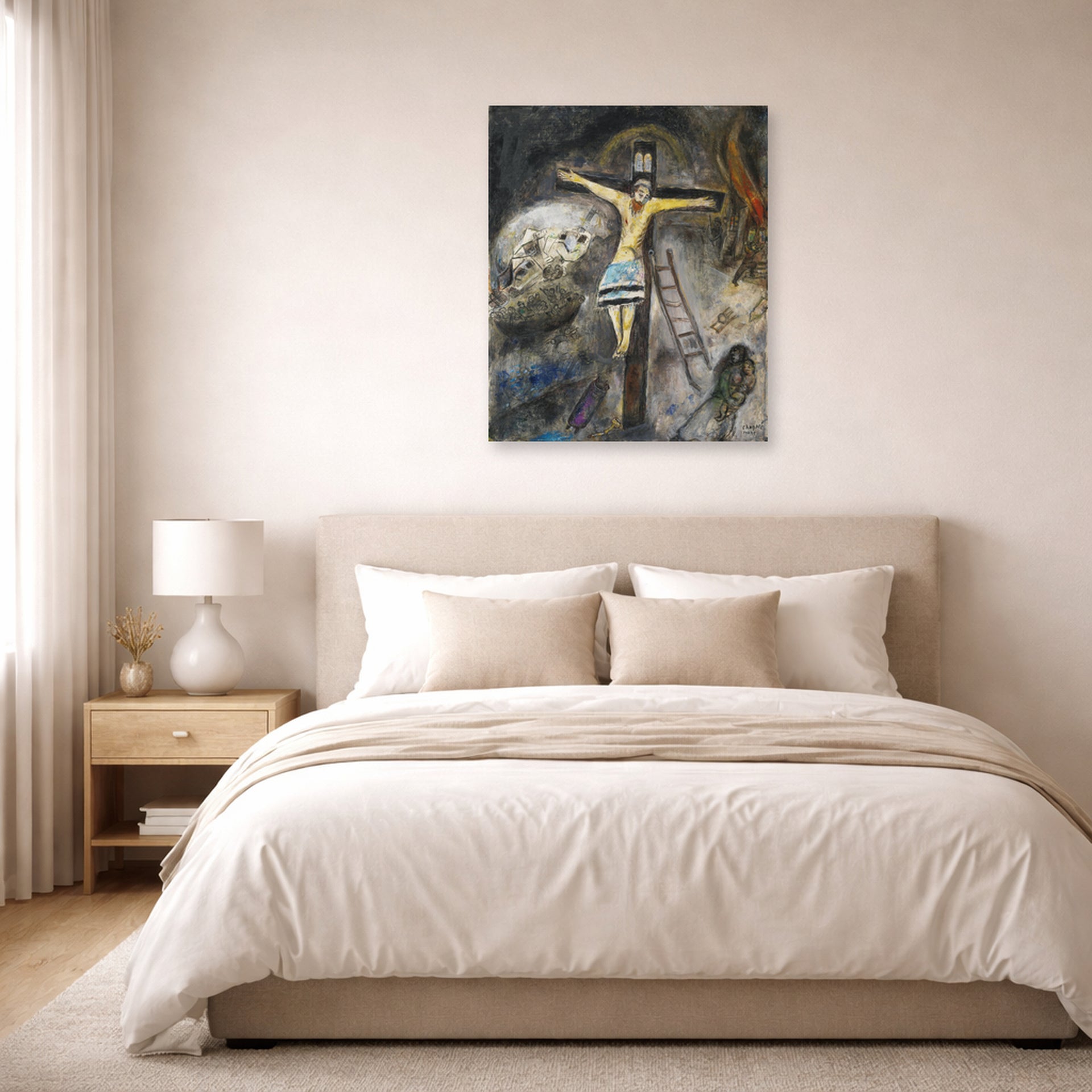 Unframed poster print of Marc Chagall's Crucifixion displayed on a wall in a bedroom