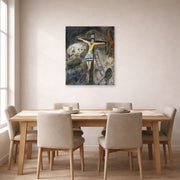 Unframed poster print of Marc Chagall's Crucifixion displayed on a wall in a dining room