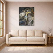 Unframed poster print of Marc Chagall's Crucifixion displayed on a wall in a living room