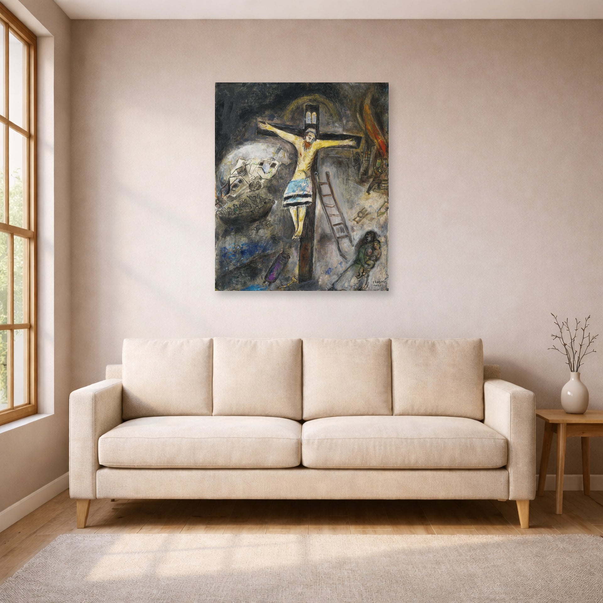 Unframed poster print of Marc Chagall's Crucifixion displayed on a wall in a living room