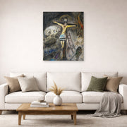 Unframed poster print of Marc Chagall's Crucifixion displayed on a wall in a living room