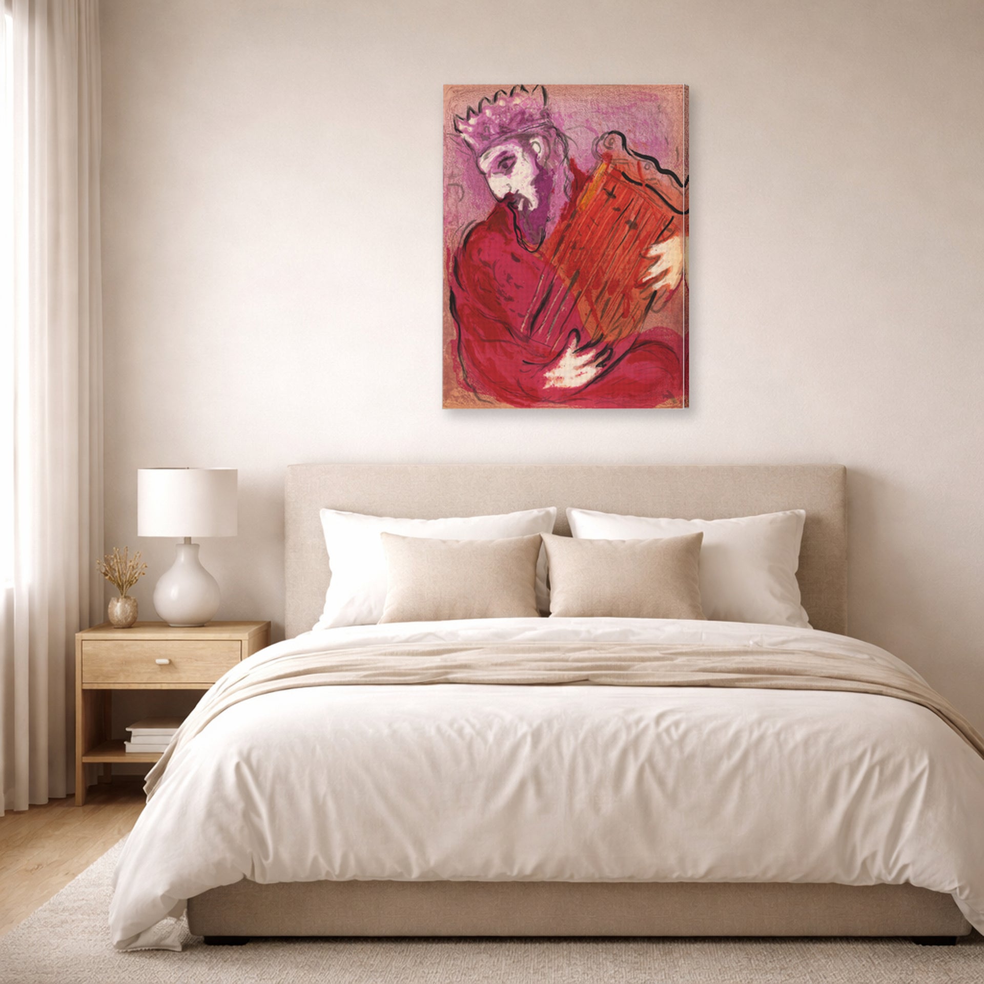 Gallery-wrapped canvas print of Marc Chagall's David with the Harp displayed on a wall in a bedroom