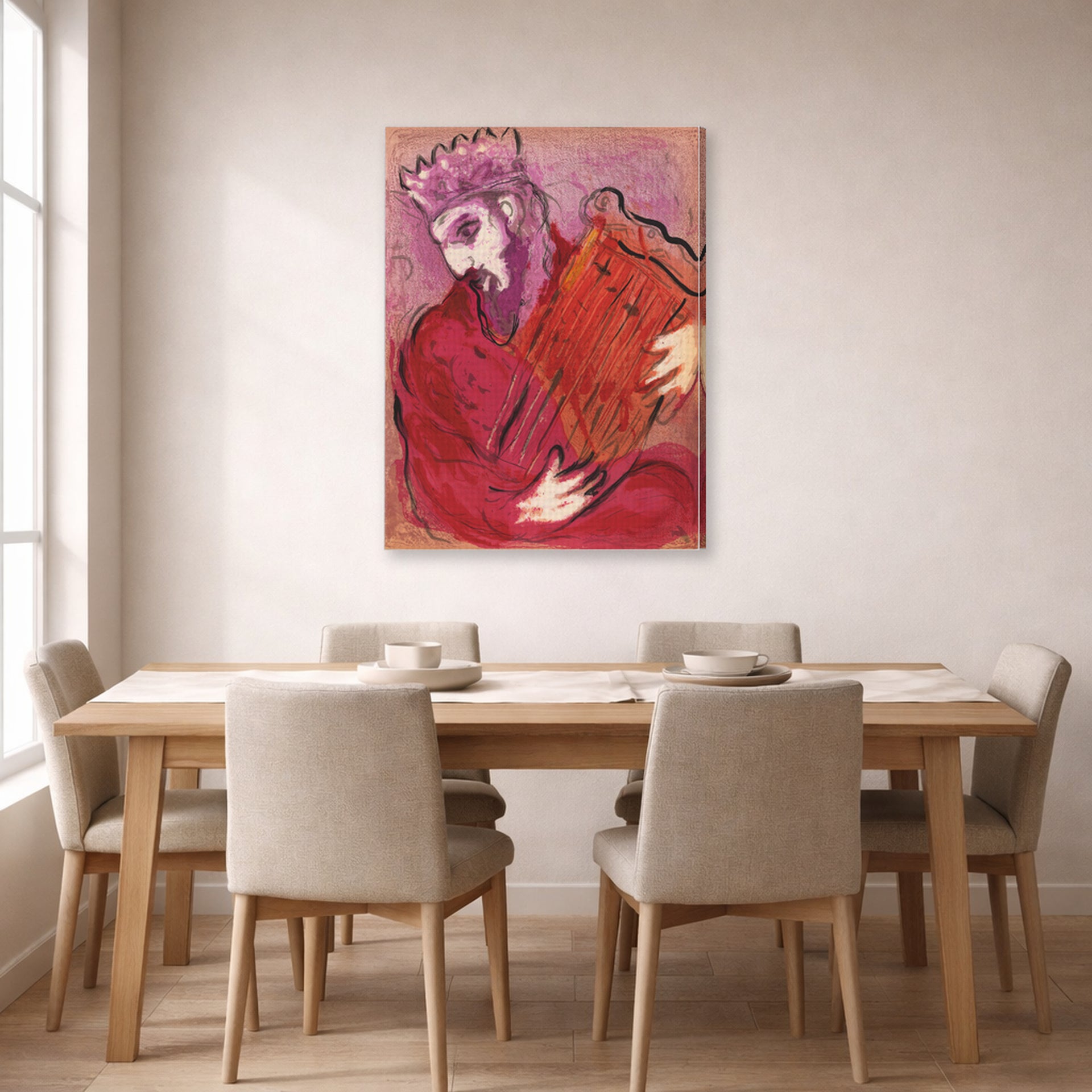 Gallery-wrapped canvas print of Marc Chagall's David with the Harp displayed on a wall in a dining room