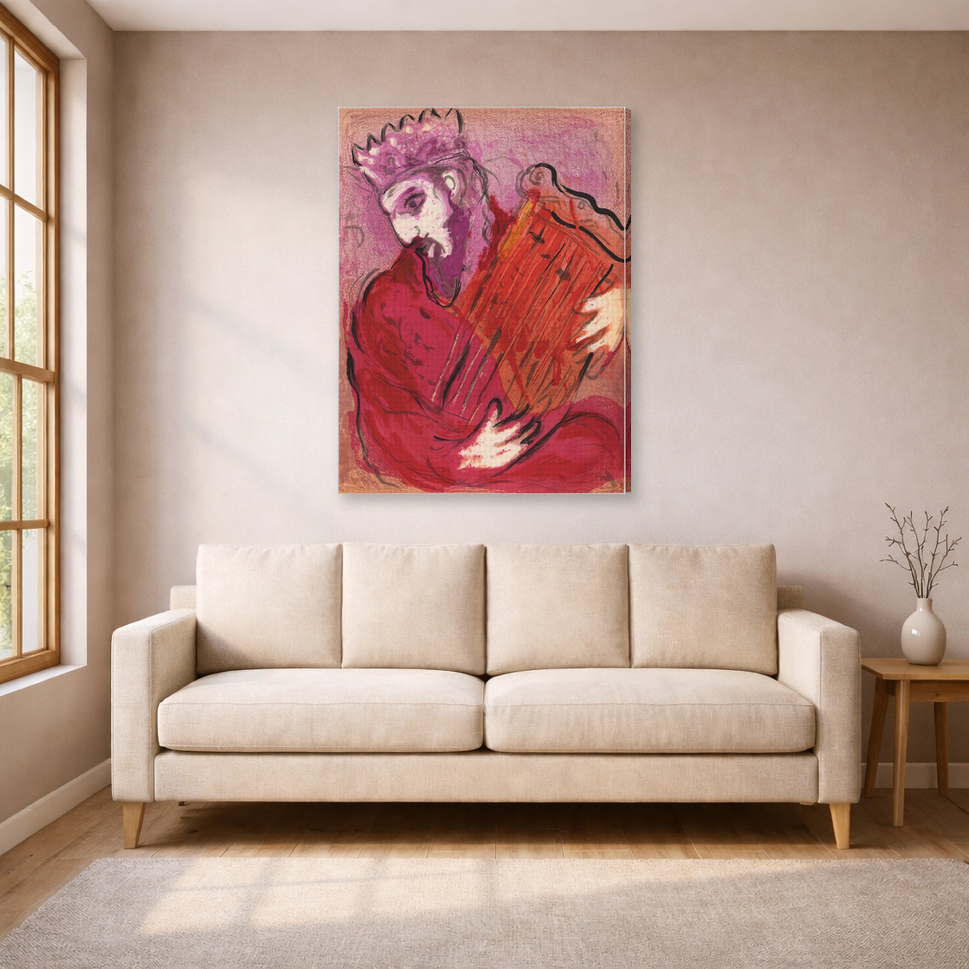 Gallery-wrapped canvas print of Marc Chagall's David with the Harp displayed on a wall in a living room