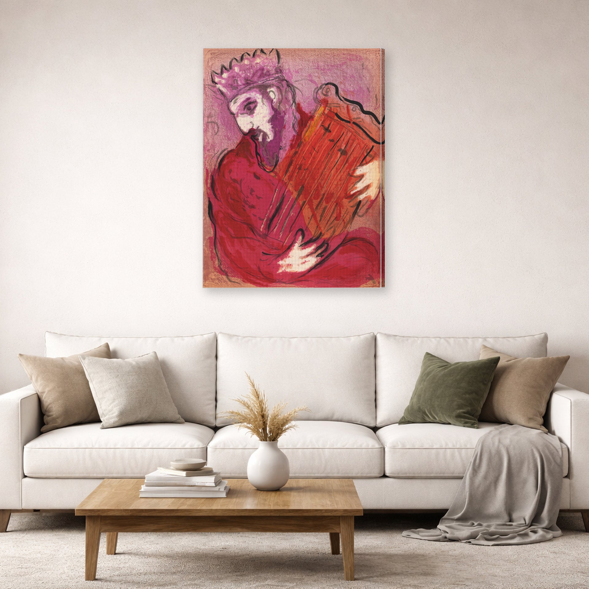 Gallery-wrapped canvas print of Marc Chagall's David with the Harp displayed on a wall in a living room
