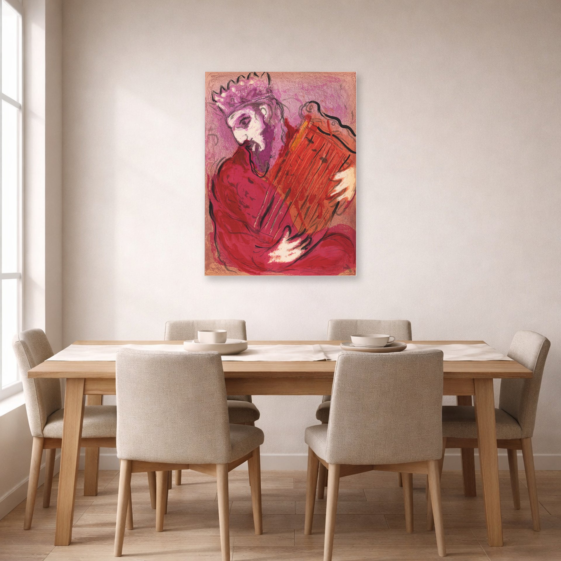 Unframed poster print of Marc Chagall's David with the Harp displayed on a wall in a dining room