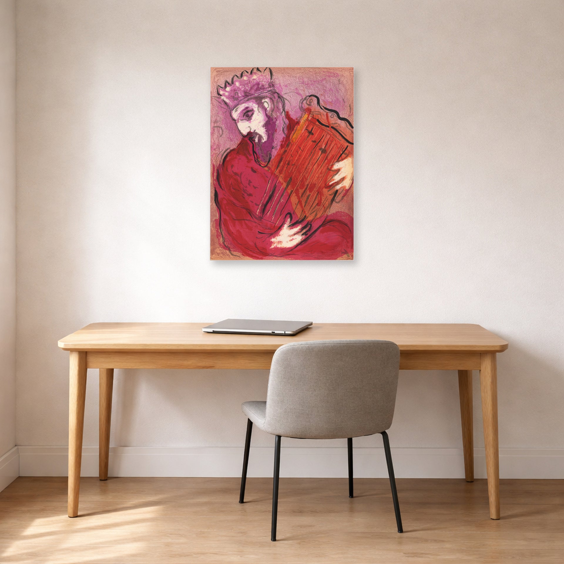 Unframed poster print of Marc Chagall's David with the Harp displayed on a wall in an office